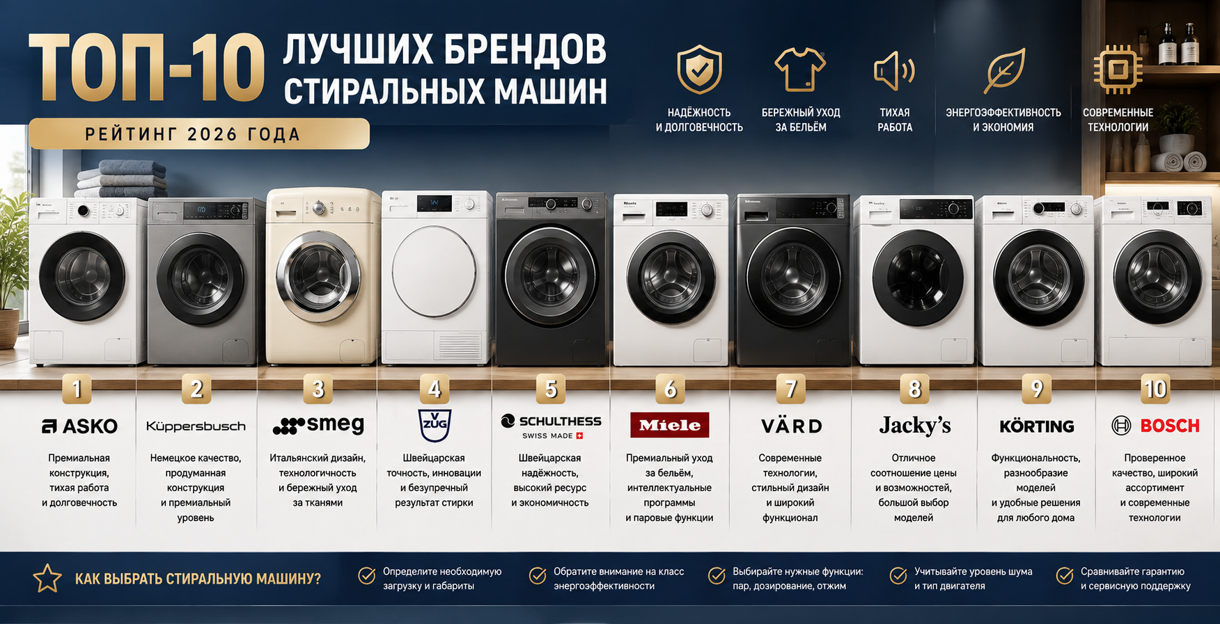 Топ-10 лучших брендов стиральных машин: рейтинг 2026 года